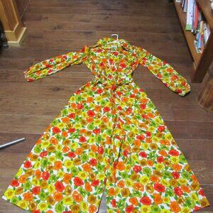 Vtg 70s Alex Coleman Calif hippie bold floral barkcloth jumpsuit wide leg
